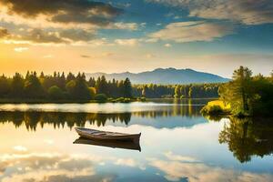 a boat sits on the calm waters of a lake at sunset. AI-Generated photo