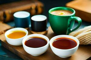 un de madera bandeja con café tazas y platillos generado por ai foto