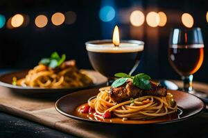 spaghetti with meat and sauce on a wooden table. AI-Generated photo