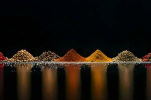 a row of spices on a black background. AI-Generated photo