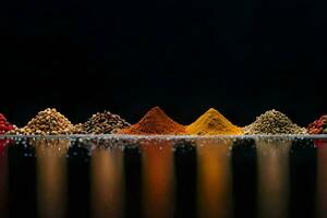 a row of spices on a black background. AI-Generated photo