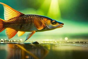 un pescado es en pie en el agua con un brillante ligero. generado por ai foto