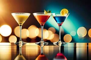 three different colored cocktails on a table. AI-Generated photo