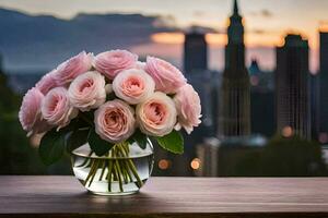 pink roses in a vase on a table with a city skyline in the background. AI-Generated photo