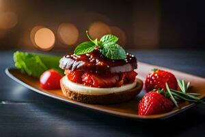 a strawberry dessert with chocolate sauce and fresh strawberries. AI-Generated photo