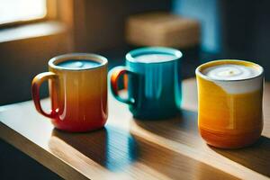 three colorful coffee mugs sit on a table. AI-Generated photo