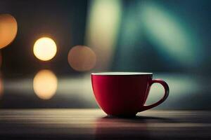 a red cup sitting on a table in front of a blurred background. AI-Generated photo