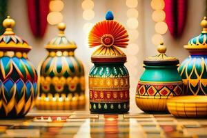 colorful decorative pots and vases on a table. AI-Generated photo