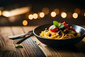 a plate of pasta with tomatoes and basil leaves on a wooden table. AI-Generated photo