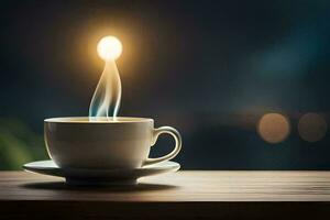 un taza de café con un fuego viniendo fuera de él. generado por ai foto