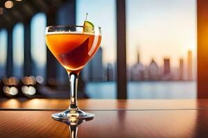 cocktail on the table in front of the city skyline. AI-Generated photo