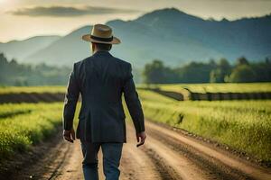 un hombre en un traje y sombrero caminando abajo un suciedad la carretera. generado por ai foto