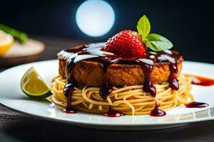 a plate with spaghetti and a strawberry on it. AI-Generated photo