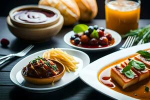 a table with food and drinks on it. AI-Generated photo