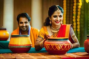 a couple in traditional indian attire is smiling while holding pots. AI-Generated photo
