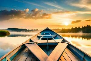 the boat is on the lake at sunset. AI-Generated photo