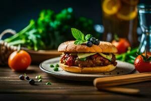 a hamburger with cheese, tomatoes and herbs on a plate. AI-Generated photo