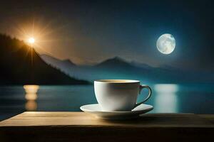 a cup of coffee on a wooden table in front of a full moon. AI-Generated photo
