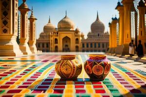 two colorful vases sitting on a tiled floor in front of a building. AI-Generated photo