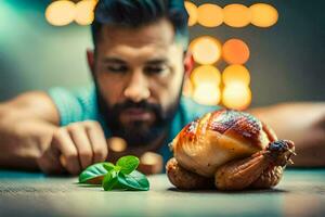 un hombre es mirando a un asado pollo. generado por ai foto