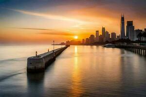 el chicago horizonte a puesta de sol. generado por ai foto