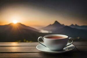 a cup of tea on a wooden table in front of a mountain view. AI-Generated photo