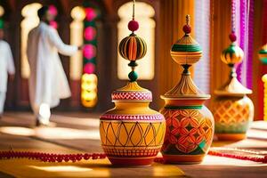 colorful vases sit on a table in a room. AI-Generated photo