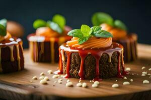 small cakes with caramel sauce and mint leaves. AI-Generated photo