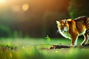 un Tigre caminando a través de un campo en el luz de sol. generado por ai foto