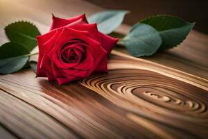 a single red rose on a wooden table. AI-Generated photo