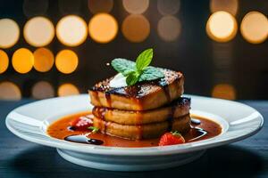 a plate of food with strawberries and syrup. AI-Generated photo