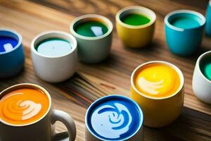 colorful cups of coffee with different colored liquid. AI-Generated photo