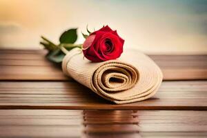 a red rose on a towel on a wooden table. AI-Generated photo