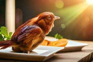 a bird sitting on a plate with a slice of orange. AI-Generated photo