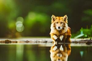 a dog is standing in the water with its reflection. AI-Generated photo