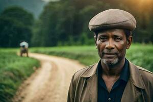 an african man in a hat stands on a dirt road. AI-Generated photo