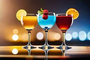 three glasses of cocktails with fruit and berries. AI-Generated photo