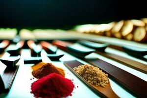 a variety of spices and spices are on a table. AI-Generated photo