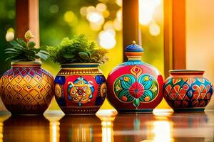 colorful vases with plants on the table. AI-Generated photo