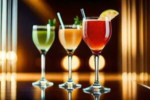 three different types of drinks are shown on a table. AI-Generated photo