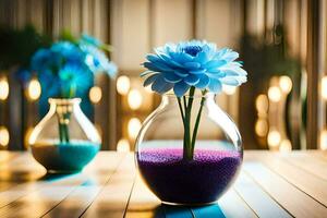 two vases with blue flowers on a wooden table. AI-Generated photo
