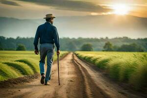 un hombre caminando en un suciedad la carretera con caña. generado por ai foto