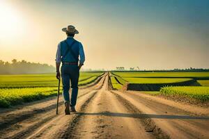 a man in a hat and overalls walking down a dirt road. AI-Generated photo