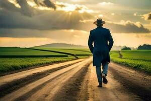 a man in a hat and suit walking down a dirt road. AI-Generated photo