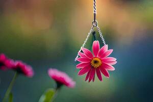 a pink flower hanging from a chain. AI-Generated photo