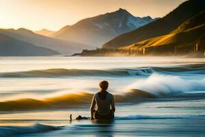 a man sitting on the beach in front of waves. AI-Generated photo