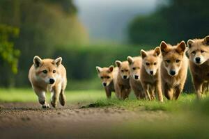 a group of dogs running down a road. AI-Generated photo