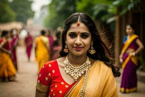 a woman in a sari with gold jewelry and jewelry. AI-Generated photo