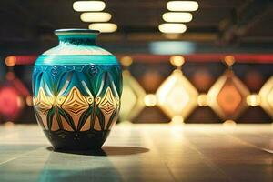 a vase is sitting on a table in front of a wall. AI-Generated photo