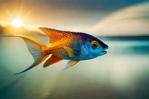 un pescado nadando en el Oceano a puesta de sol. generado por ai foto